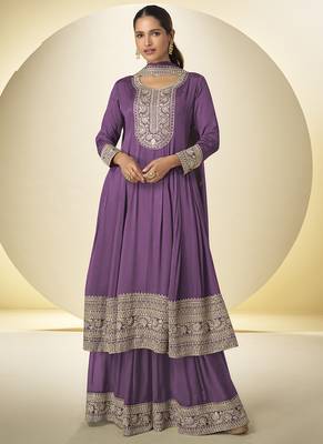 Lavender chinon silk embroidered designer Palazzo suit 1