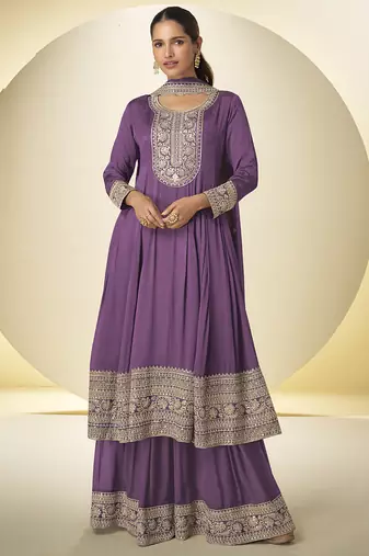 Lavender chinon silk embroidered designer plazzo suit