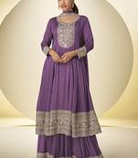 Lavender chinon silk embroidered designer Palazzo suit