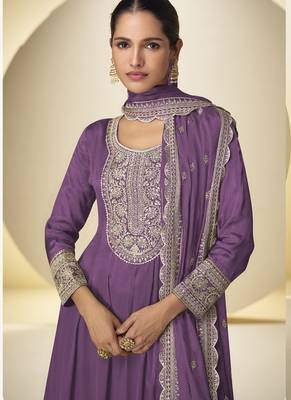 Lavender chinon silk embroidered designer Palazzo suit 2