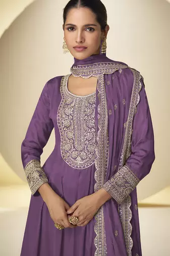 Lavender chinon silk embroidered designer Palazzo suit