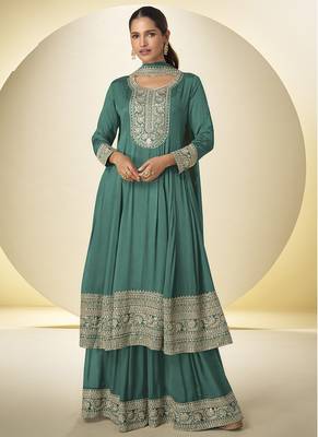 green chinon silk embroidered designer Palazzo suit 1