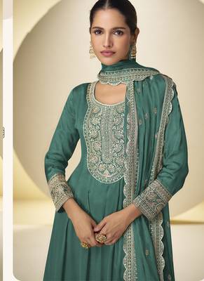 green chinon silk embroidered designer Palazzo suit 2