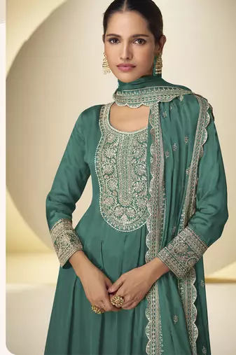 green chinon silk embroidered designer Palazzo suit