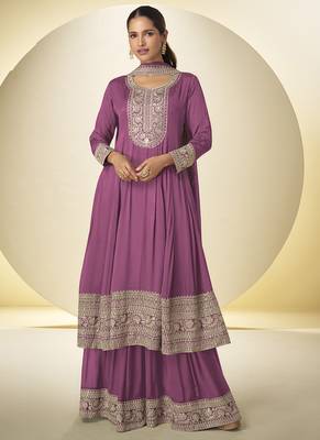 Onion pink chinon silk embroidered designer Palazzo suit 1