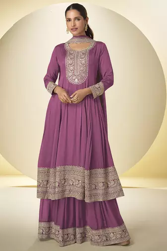 Onion pink chinon silk embroidered designer plazzo suit