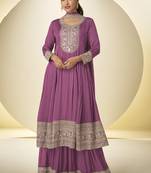 Onion pink chinon silk embroidered designer Palazzo suit