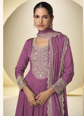 Onion pink chinon silk embroidered designer Palazzo suit 2