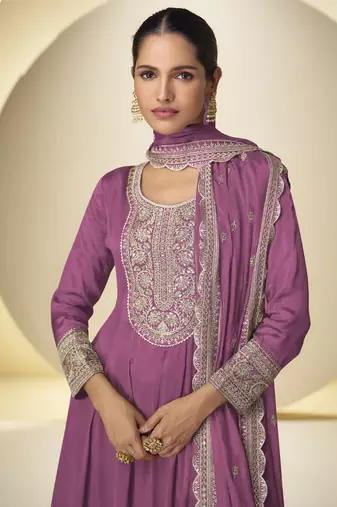 Onion pink chinon silk embroidered designer Palazzo suit