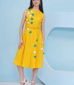 Women's  3d flower embroidery yellow dress with 3d flower embroidey and belt