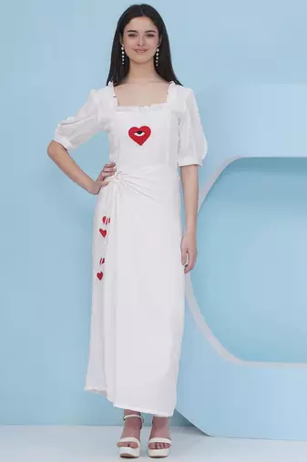 Women's  machine embroidery white drape dress