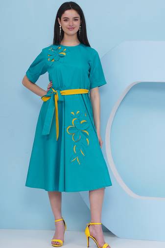 Women's  3d embroidery teal blue dress with belt