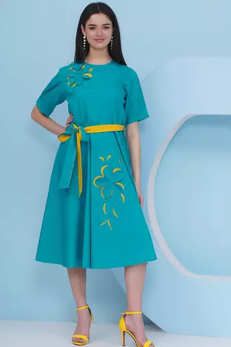 Women's  3d embroidery teal blue dress with belt