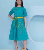 Women's  3d embroidery teal blue dress with belt