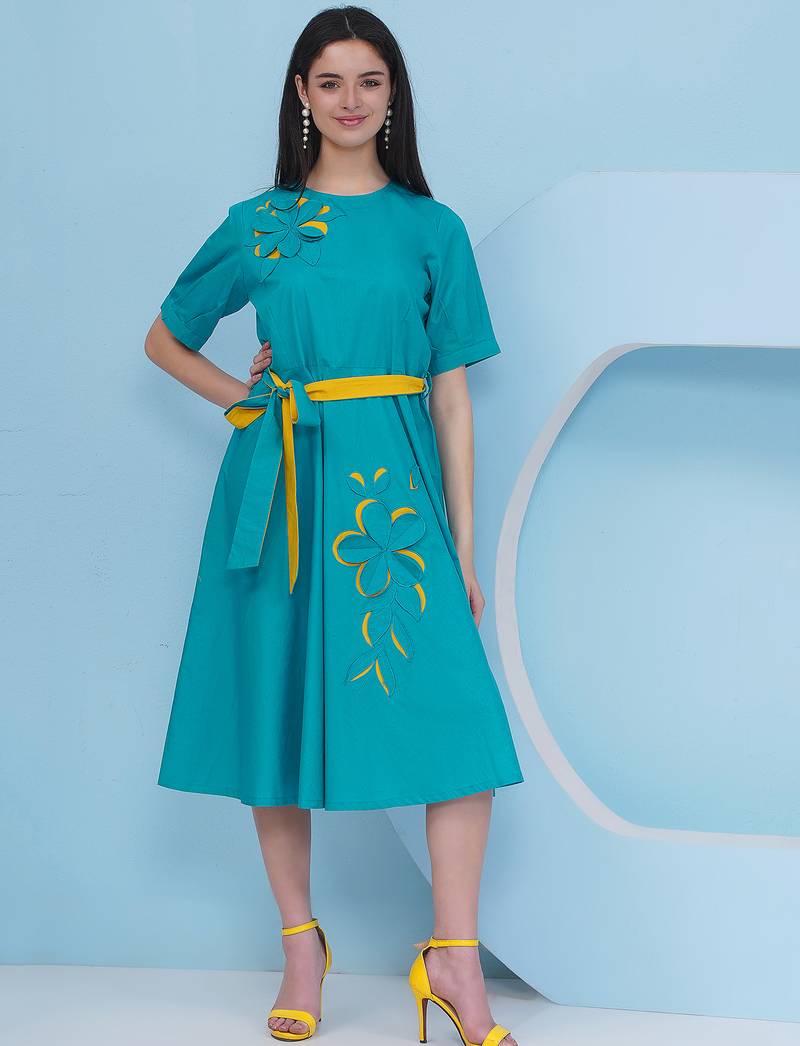 Women's  3d embroidery teal blue dress with belt