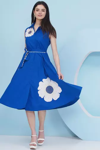 Women's  patch work with embroidery royal blue dress with belt