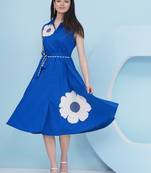 Women's  patch work with embroidery royal blue dress with belt
