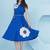 Women's  patch work with embroidery royal blue dress with belt