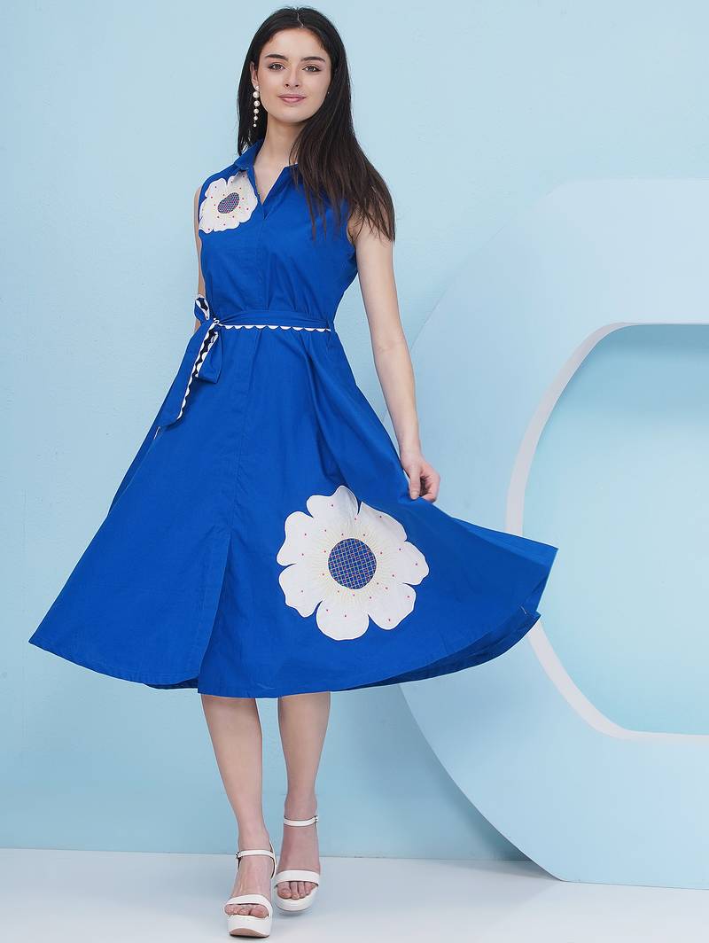 Women's  patch work with embroidery royal blue dress with belt