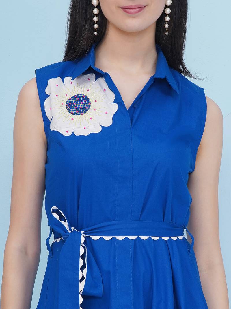Women's  patch work with embroidery royal blue dress with belt