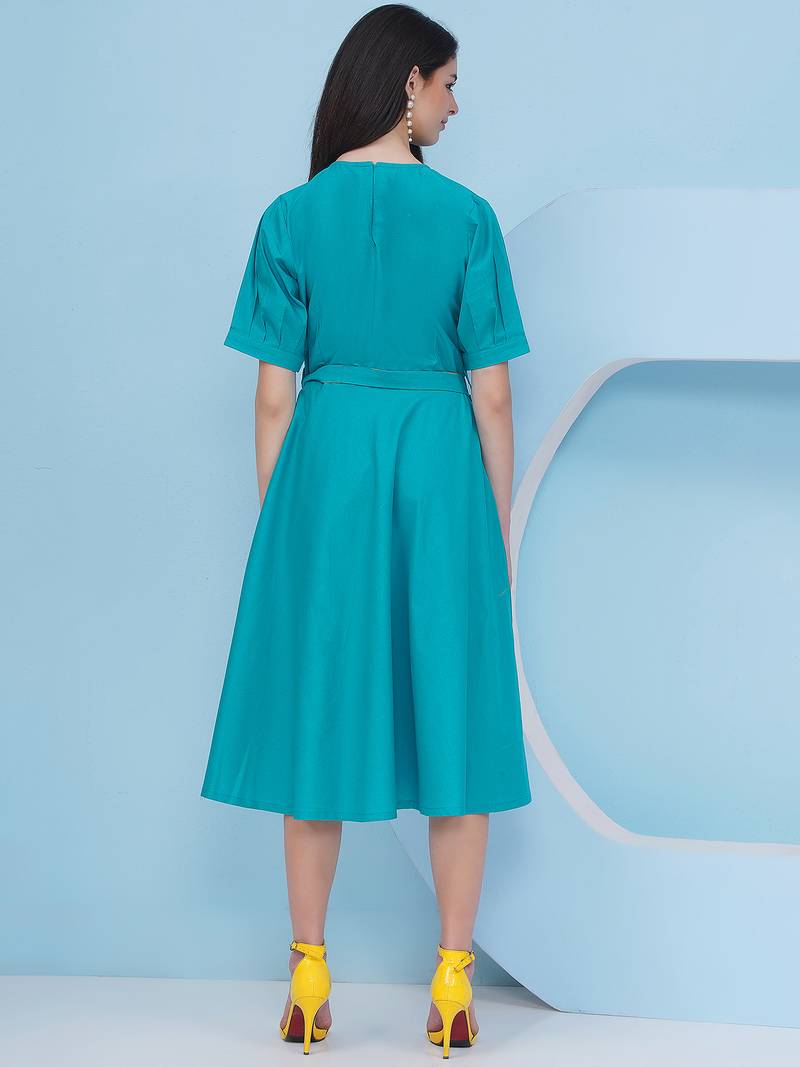 Women's  3d embroidery teal blue dress with belt