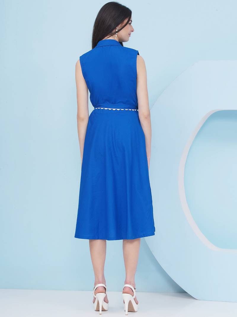 Women's  patch work with embroidery royal blue dress with belt