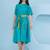 Women's  3d embroidery teal blue dress with belt