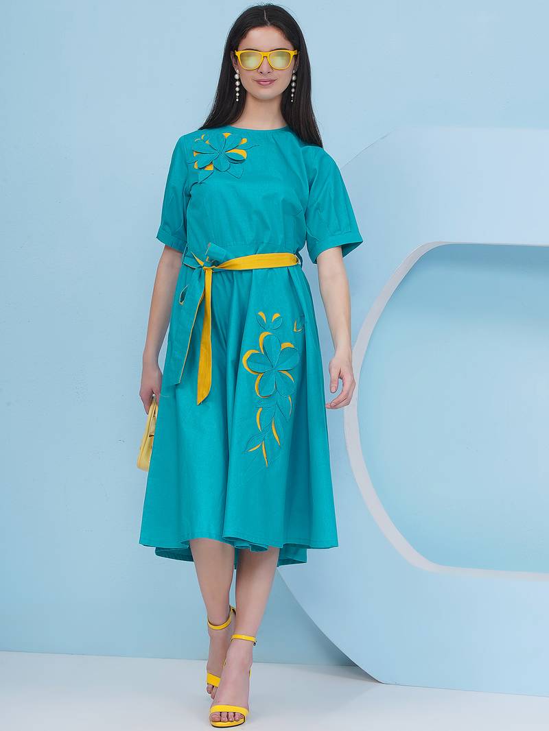 Women's  3d embroidery teal blue dress with belt
