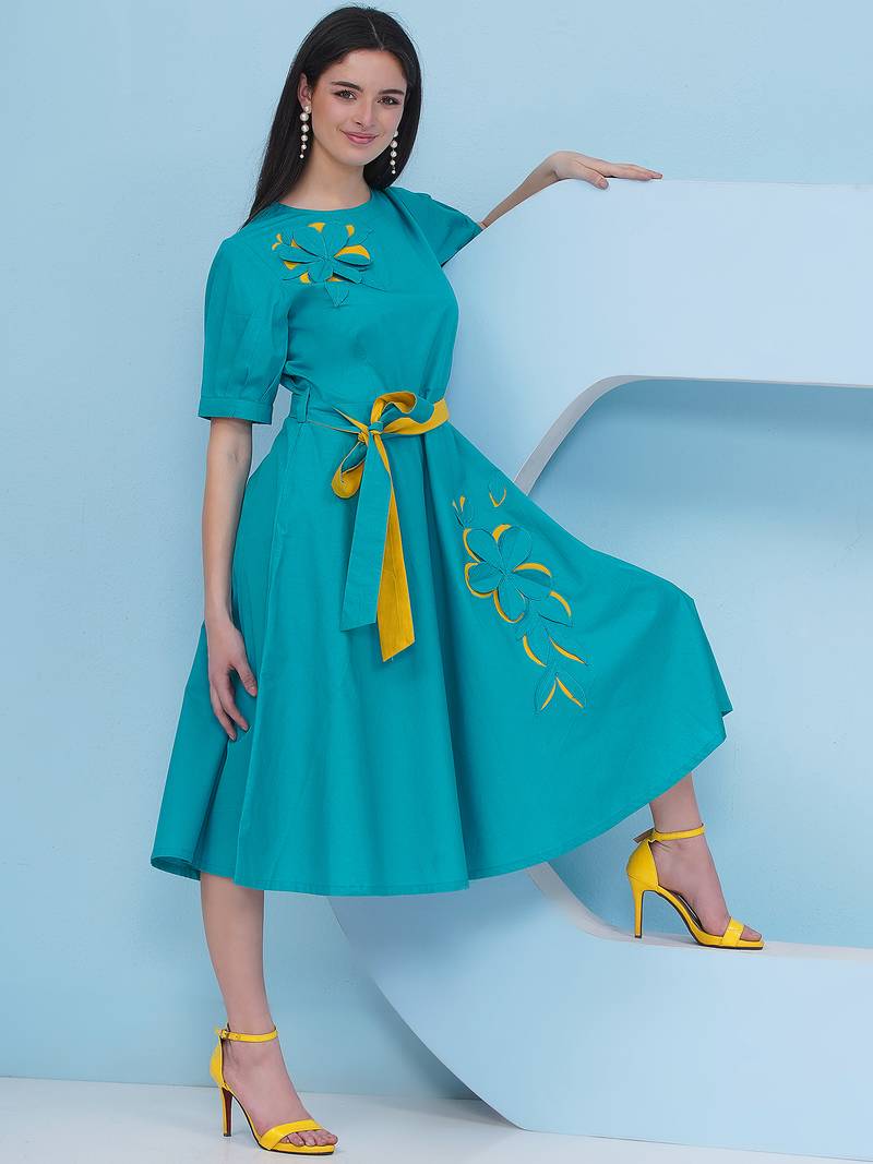 Women's  3d embroidery teal blue dress with belt