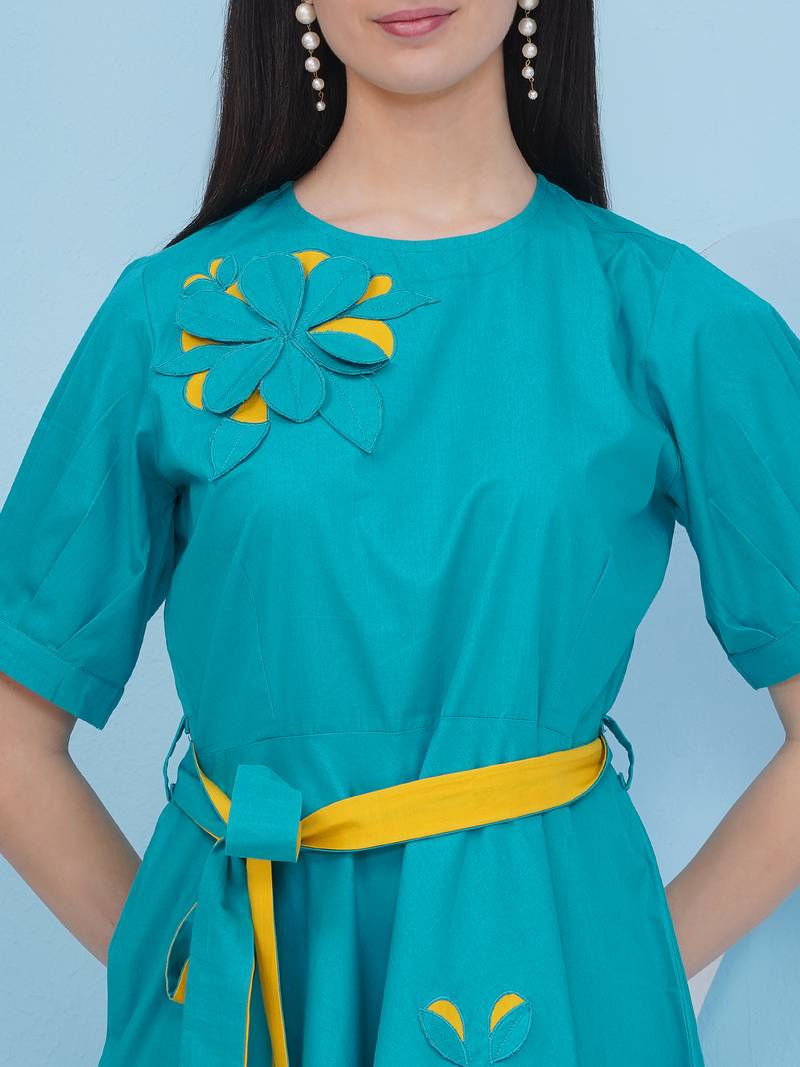 Women's  3d embroidery teal blue dress with belt