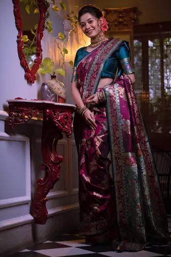 violet banarasi silk blend saree with meena weaves, contrast border, grand weaving pallu & tassels with blouse