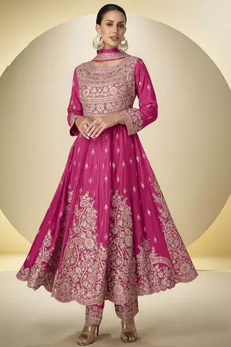 Pink chinon silk embroidered designer anarkali suit