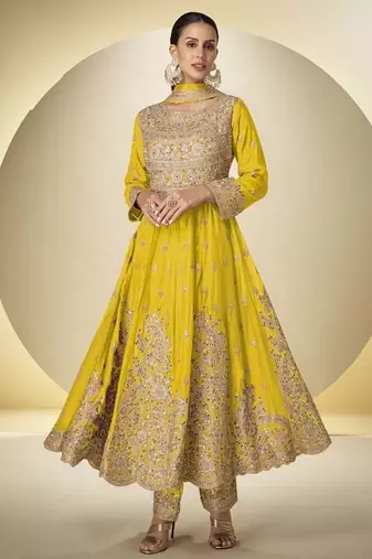 Yellow chinon silk embroidered designer anarkali suit
