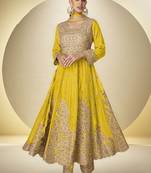 Yellow chinon silk embroidered designer anarkali suit