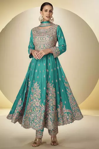 Turquoise chinon silk embroidered designer anarkali suit
