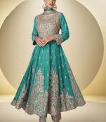 Turquoise chinon silk embroidered designer anarkali suit
