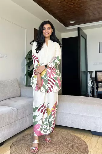 White Multicolor Floral Cotton Co-Ord Set