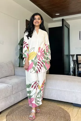 White Multicolor Floral Cotton Co-Ord Set