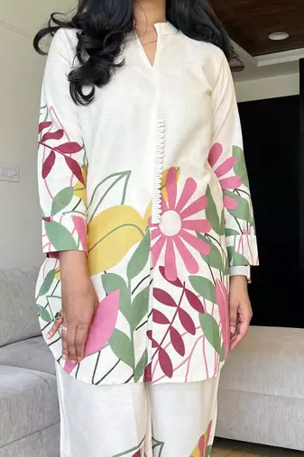 White Multicolor Floral Cotton Co-Ord Set
