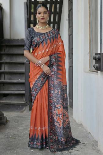 orange tussar art silk saree with temple border & ikkat print pallu | traditional printed saree with running blouse