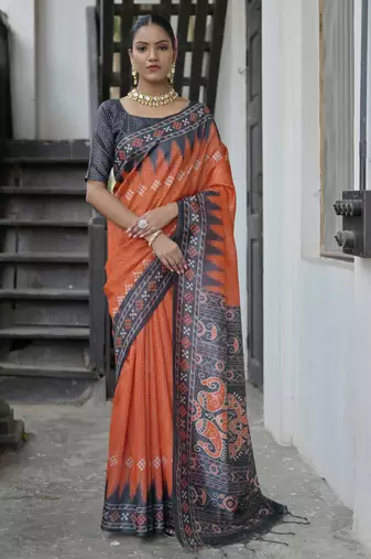 orange tussar art silk saree with temple border & ikkat print pallu | traditional printed saree with running blouse