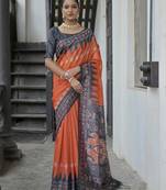 orange tussar art silk saree with temple border & ikkat print pallu | traditional printed saree with running blouse
