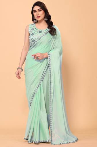 sea green georgette embroidered saree with blouse