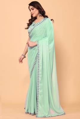 sea green georgette embroidered saree with blouse 2