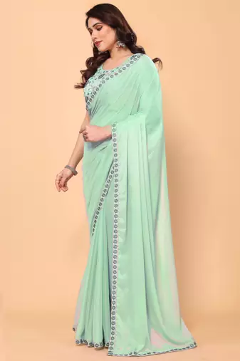 sea green georgette embroidered saree with blouse