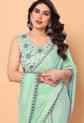 sea green georgette embroidered saree with blouse 4