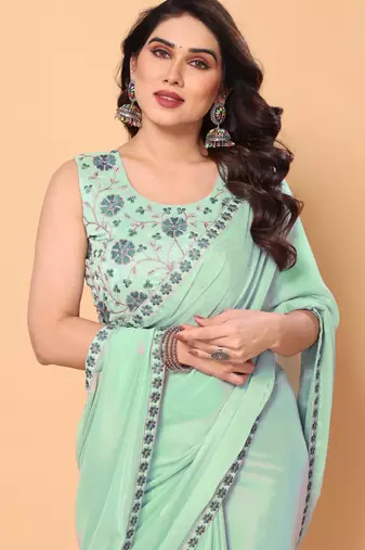 sea green georgette embroidered saree with blouse