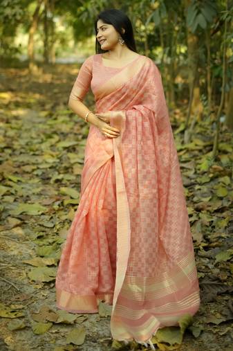 Peach soft kalyani silk saree with zari woven checks pattern, rich pallu & running blouse – elegant party wear