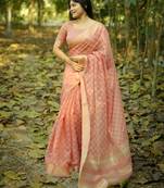 Peach soft kalyani silk saree with zari woven checks pattern, rich pallu & running blouse     elegant party wear