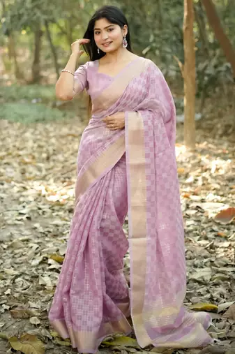 Lavender soft kalyani silk saree with zari woven checks pattern, rich pallu & running blouse     elegant party wear